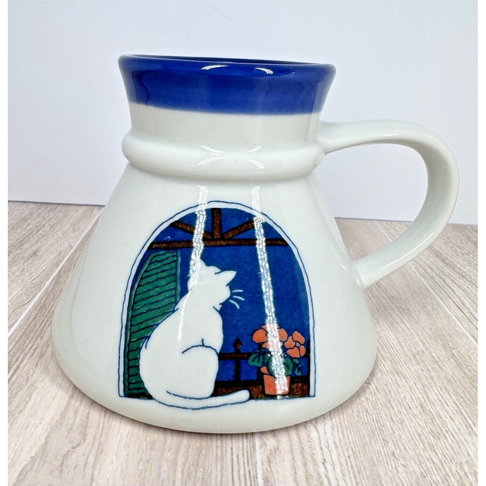 Otagiri Japan Cat Coffee Mug Handcrafted Blue Rim‎ Stoneware Window Kitty
